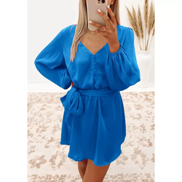 imagePRETTYGARDEN Womens Long Puff Sleeve Satin V Neck Cocktail Party Belted Short Formal DressesBlue