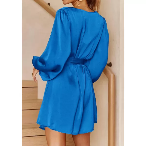 imagePRETTYGARDEN Womens Long Puff Sleeve Satin V Neck Cocktail Party Belted Short Formal DressesBlue