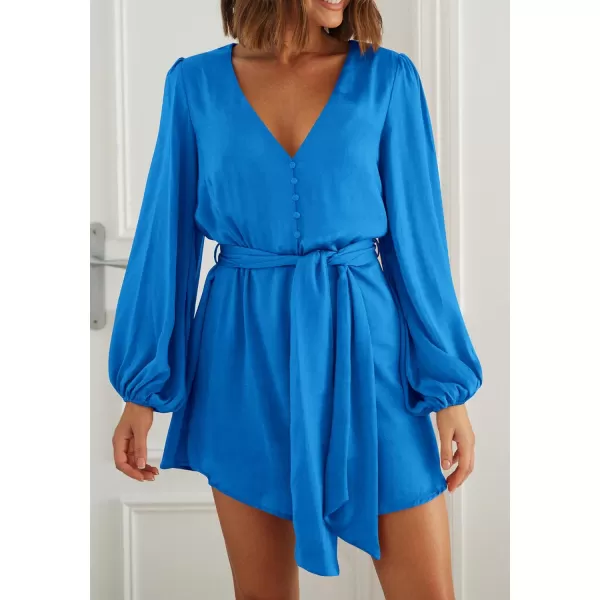 imagePRETTYGARDEN Womens Long Puff Sleeve Satin V Neck Cocktail Party Belted Short Formal DressesBlue