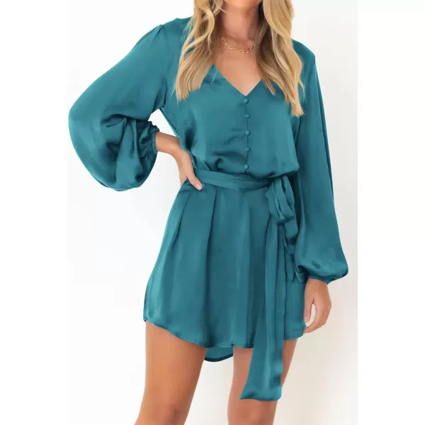 imagePRETTYGARDEN Womens Long Puff Sleeve Satin V Neck Cocktail Party Belted Short Formal DressesBlue Green