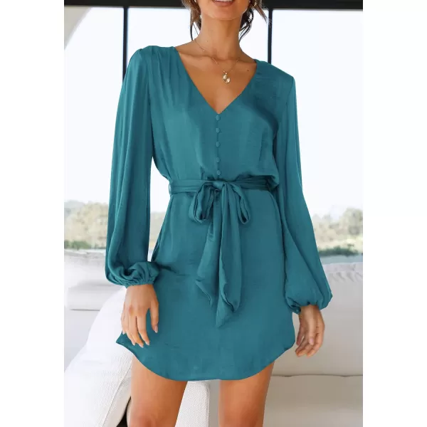 imagePRETTYGARDEN Womens Long Puff Sleeve Satin V Neck Cocktail Party Belted Short Formal DressesBlue Green