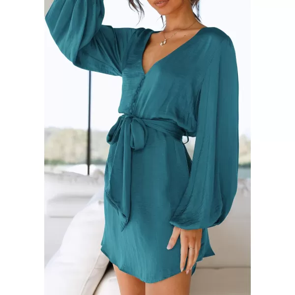 imagePRETTYGARDEN Womens Long Puff Sleeve Satin V Neck Cocktail Party Belted Short Formal DressesBlue Green