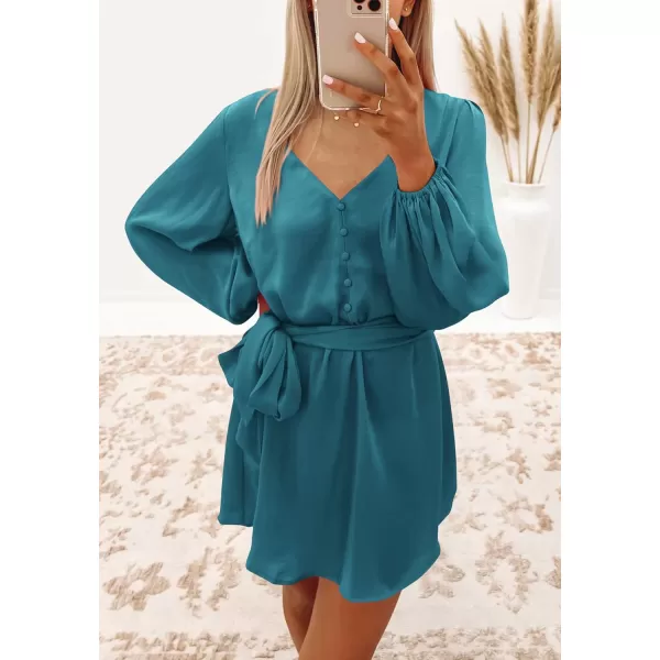 imagePRETTYGARDEN Womens Long Puff Sleeve Satin V Neck Cocktail Party Belted Short Formal DressesBlue Green