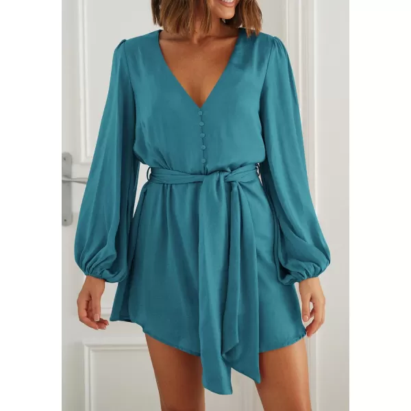 imagePRETTYGARDEN Womens Long Puff Sleeve Satin V Neck Cocktail Party Belted Short Formal DressesBlue Green