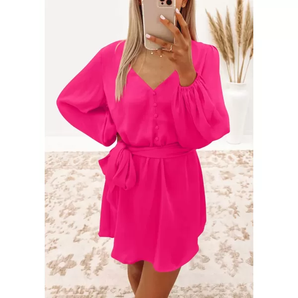 imagePRETTYGARDEN Womens Long Puff Sleeve Satin V Neck Cocktail Party Belted Short Formal DressesBright Rose Red