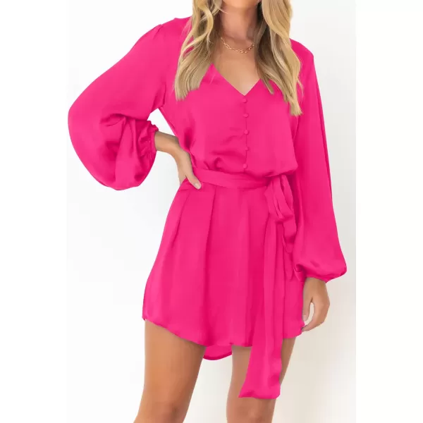 imagePRETTYGARDEN Womens Long Puff Sleeve Satin V Neck Cocktail Party Belted Short Formal DressesBright Rose Red