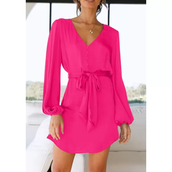 imagePRETTYGARDEN Womens Long Puff Sleeve Satin V Neck Cocktail Party Belted Short Formal DressesBright Rose Red