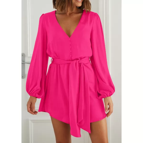 imagePRETTYGARDEN Womens Long Puff Sleeve Satin V Neck Cocktail Party Belted Short Formal DressesBright Rose Red