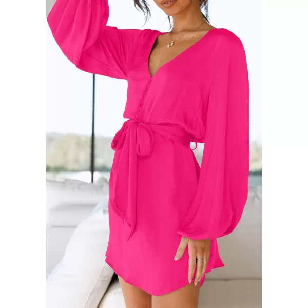 imagePRETTYGARDEN Womens Long Puff Sleeve Satin V Neck Cocktail Party Belted Short Formal DressesBright Rose Red