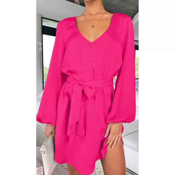 imagePRETTYGARDEN Womens Long Puff Sleeve Satin V Neck Cocktail Party Belted Short Formal DressesBright Rose Red