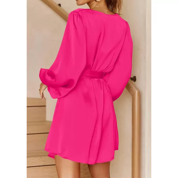 imagePRETTYGARDEN Womens Long Puff Sleeve Satin V Neck Cocktail Party Belted Short Formal DressesBright Rose Red
