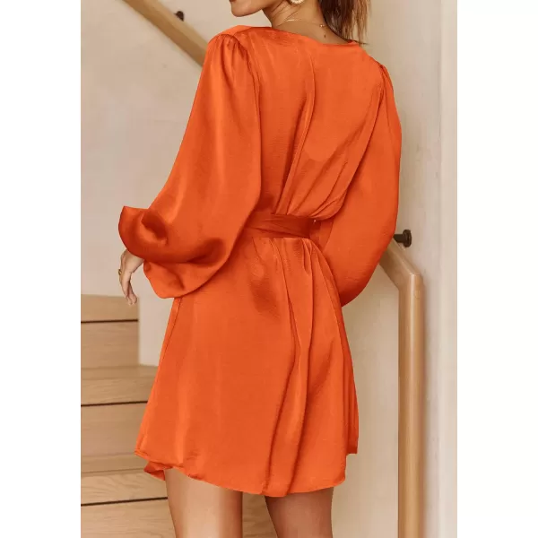 imagePRETTYGARDEN Womens Long Puff Sleeve Satin V Neck Cocktail Party Belted Short Formal DressesBrilliant Orange
