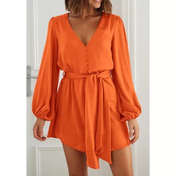 imagePRETTYGARDEN Womens Long Puff Sleeve Satin V Neck Cocktail Party Belted Short Formal DressesBrilliant Orange