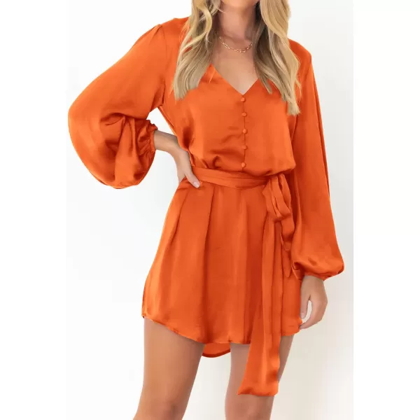 imagePRETTYGARDEN Womens Long Puff Sleeve Satin V Neck Cocktail Party Belted Short Formal DressesBrilliant Orange