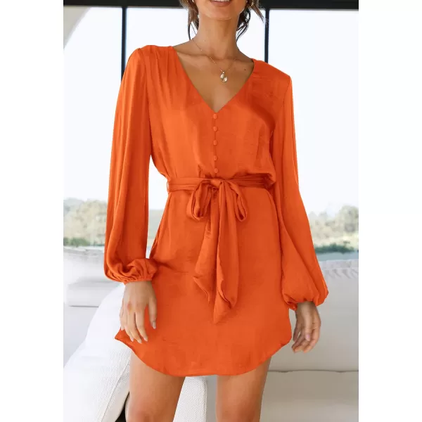 imagePRETTYGARDEN Womens Long Puff Sleeve Satin V Neck Cocktail Party Belted Short Formal DressesBrilliant Orange