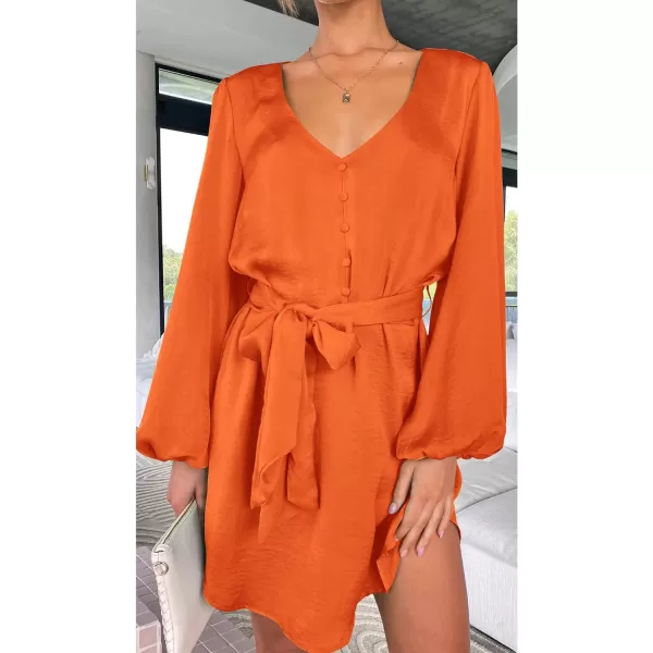 imagePRETTYGARDEN Womens Long Puff Sleeve Satin V Neck Cocktail Party Belted Short Formal DressesBrilliant Orange