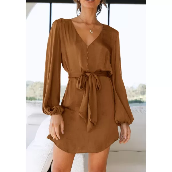 imagePRETTYGARDEN Womens Long Puff Sleeve Satin V Neck Cocktail Party Belted Short Formal DressesBrown