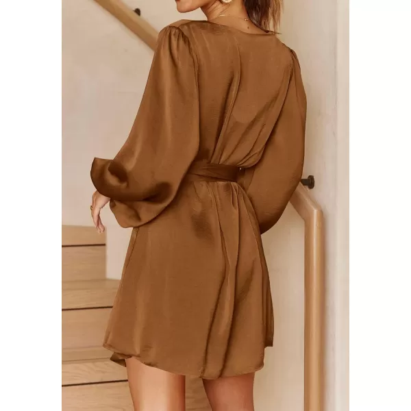imagePRETTYGARDEN Womens Long Puff Sleeve Satin V Neck Cocktail Party Belted Short Formal DressesBrown