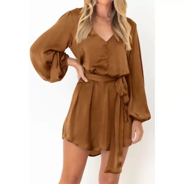 imagePRETTYGARDEN Womens Long Puff Sleeve Satin V Neck Cocktail Party Belted Short Formal DressesBrown