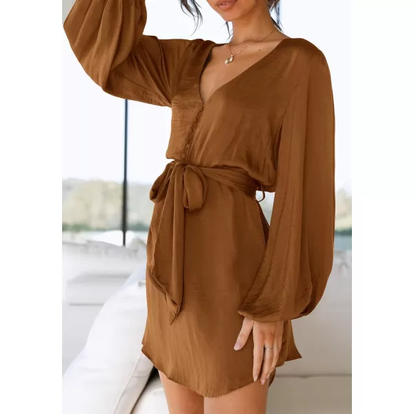 imagePRETTYGARDEN Womens Long Puff Sleeve Satin V Neck Cocktail Party Belted Short Formal DressesBrown