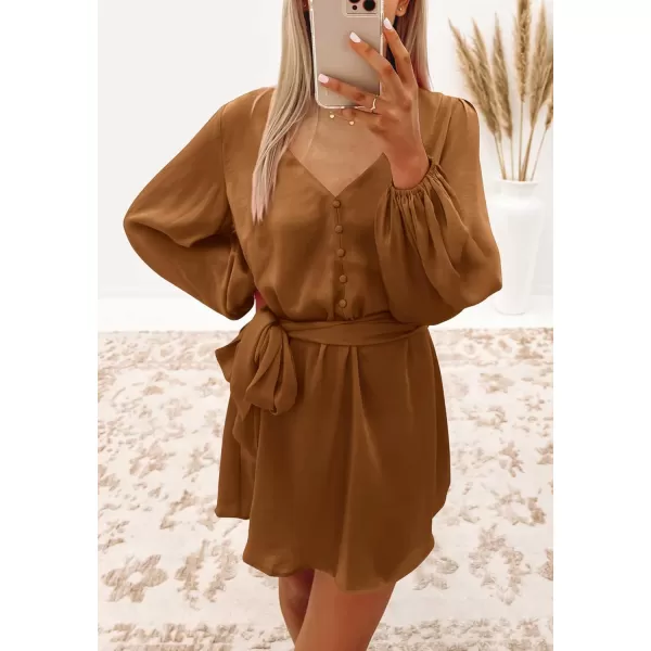 imagePRETTYGARDEN Womens Long Puff Sleeve Satin V Neck Cocktail Party Belted Short Formal DressesBrown