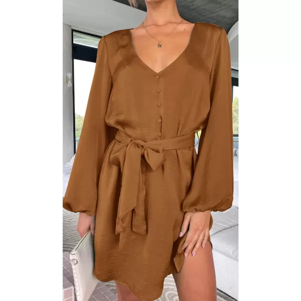 imagePRETTYGARDEN Womens Long Puff Sleeve Satin V Neck Cocktail Party Belted Short Formal DressesBrown