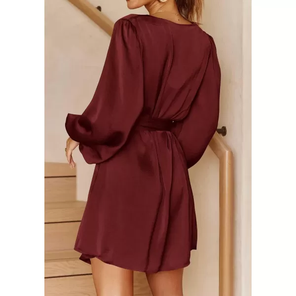 imagePRETTYGARDEN Womens Long Puff Sleeve Satin V Neck Cocktail Party Belted Short Formal DressesBrown Red