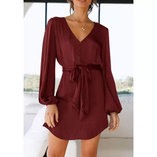 imagePRETTYGARDEN Womens Long Puff Sleeve Satin V Neck Cocktail Party Belted Short Formal DressesBrown Red