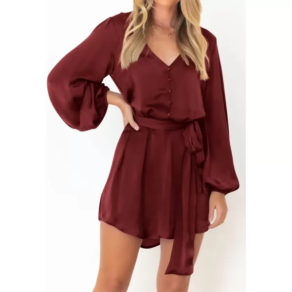 imagePRETTYGARDEN Womens Long Puff Sleeve Satin V Neck Cocktail Party Belted Short Formal DressesBrown Red