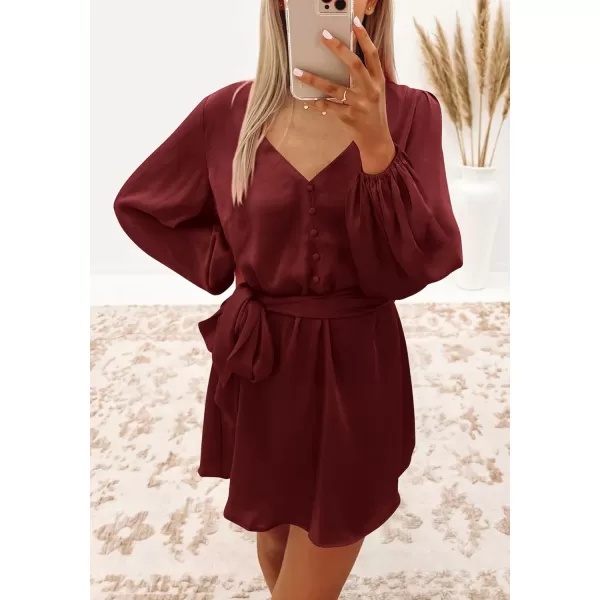 imagePRETTYGARDEN Womens Long Puff Sleeve Satin V Neck Cocktail Party Belted Short Formal DressesBrown Red