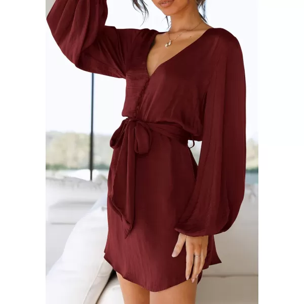 imagePRETTYGARDEN Womens Long Puff Sleeve Satin V Neck Cocktail Party Belted Short Formal DressesBrown Red