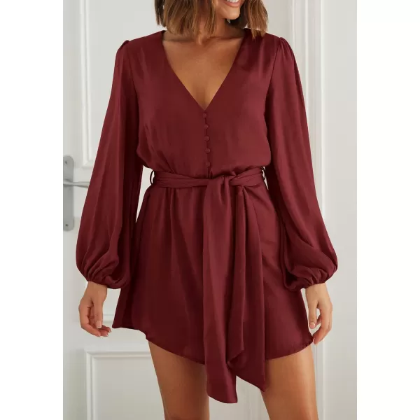 imagePRETTYGARDEN Womens Long Puff Sleeve Satin V Neck Cocktail Party Belted Short Formal DressesBrown Red