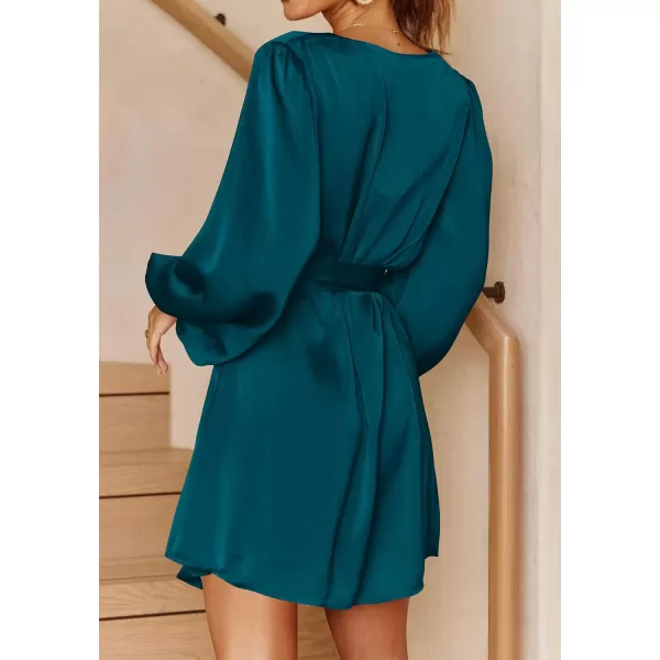 imagePRETTYGARDEN Womens Long Puff Sleeve Satin V Neck Cocktail Party Belted Short Formal DressesDark Blue