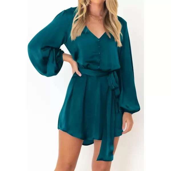 imagePRETTYGARDEN Womens Long Puff Sleeve Satin V Neck Cocktail Party Belted Short Formal DressesDark Blue