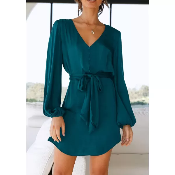 imagePRETTYGARDEN Womens Long Puff Sleeve Satin V Neck Cocktail Party Belted Short Formal DressesDark Blue