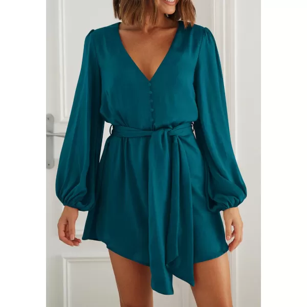 imagePRETTYGARDEN Womens Long Puff Sleeve Satin V Neck Cocktail Party Belted Short Formal DressesDark Blue