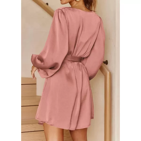 imagePRETTYGARDEN Womens Long Puff Sleeve Satin V Neck Cocktail Party Belted Short Formal DressesDusty Pink