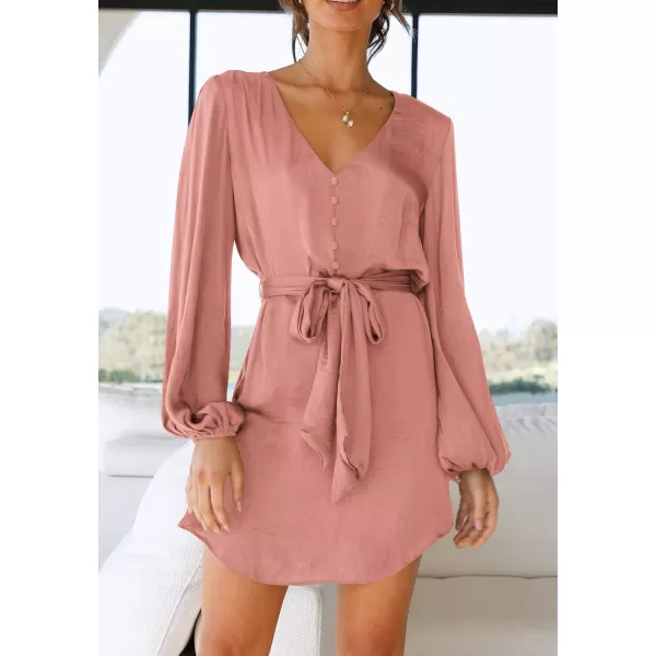 imagePRETTYGARDEN Womens Long Puff Sleeve Satin V Neck Cocktail Party Belted Short Formal DressesDusty Pink