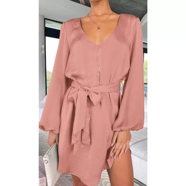 imagePRETTYGARDEN Womens Long Puff Sleeve Satin V Neck Cocktail Party Belted Short Formal DressesDusty Pink