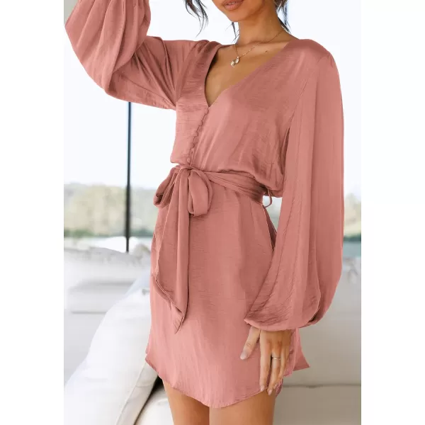 imagePRETTYGARDEN Womens Long Puff Sleeve Satin V Neck Cocktail Party Belted Short Formal DressesDusty Pink