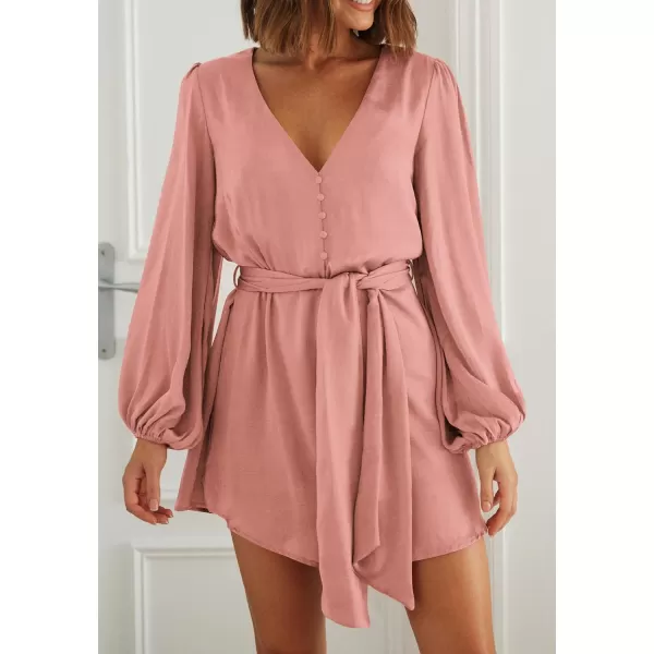 imagePRETTYGARDEN Womens Long Puff Sleeve Satin V Neck Cocktail Party Belted Short Formal DressesDusty Pink