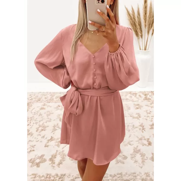 imagePRETTYGARDEN Womens Long Puff Sleeve Satin V Neck Cocktail Party Belted Short Formal DressesDusty Pink