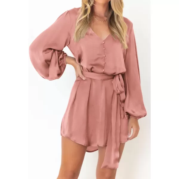 imagePRETTYGARDEN Womens Long Puff Sleeve Satin V Neck Cocktail Party Belted Short Formal DressesDusty Pink