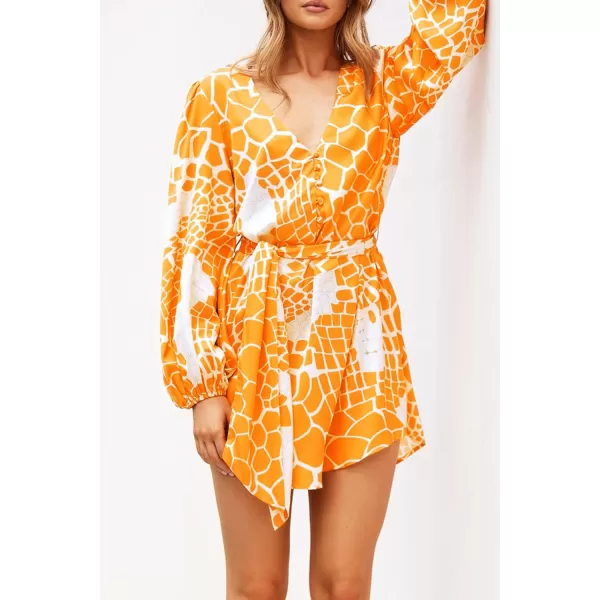 imagePRETTYGARDEN Womens Long Puff Sleeve Satin V Neck Cocktail Party Belted Short Formal DressesFloral Orange Yellow