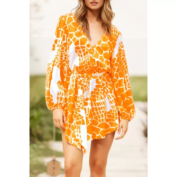 imagePRETTYGARDEN Womens Long Puff Sleeve Satin V Neck Cocktail Party Belted Short Formal DressesFloral Orange Yellow