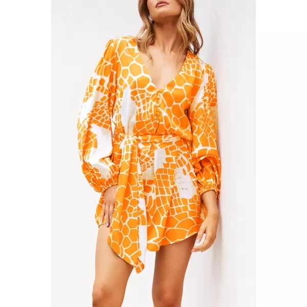imagePRETTYGARDEN Womens Long Puff Sleeve Satin V Neck Cocktail Party Belted Short Formal DressesFloral Orange Yellow