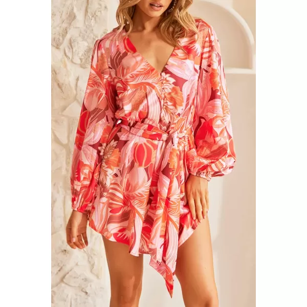 imagePRETTYGARDEN Womens Long Puff Sleeve Satin V Neck Cocktail Party Belted Short Formal DressesFloral Red
