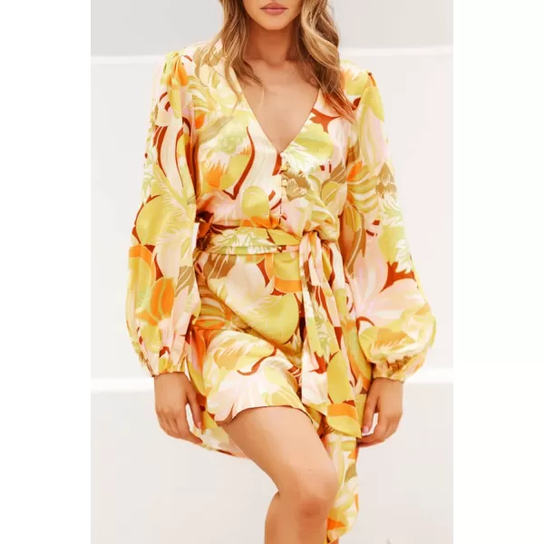 imagePRETTYGARDEN Womens Long Puff Sleeve Satin V Neck Cocktail Party Belted Short Formal DressesFloral Yellow