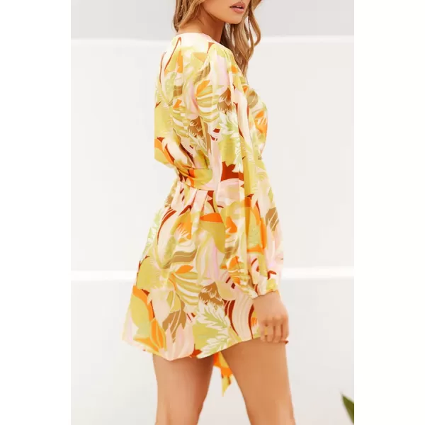 imagePRETTYGARDEN Womens Long Puff Sleeve Satin V Neck Cocktail Party Belted Short Formal DressesFloral Yellow