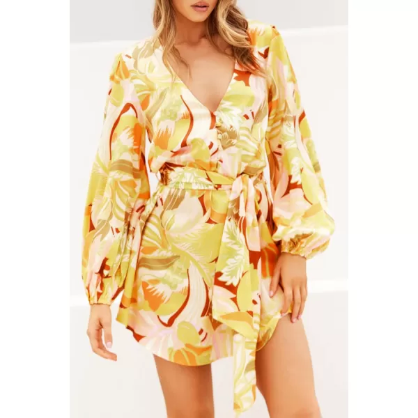imagePRETTYGARDEN Womens Long Puff Sleeve Satin V Neck Cocktail Party Belted Short Formal DressesFloral Yellow